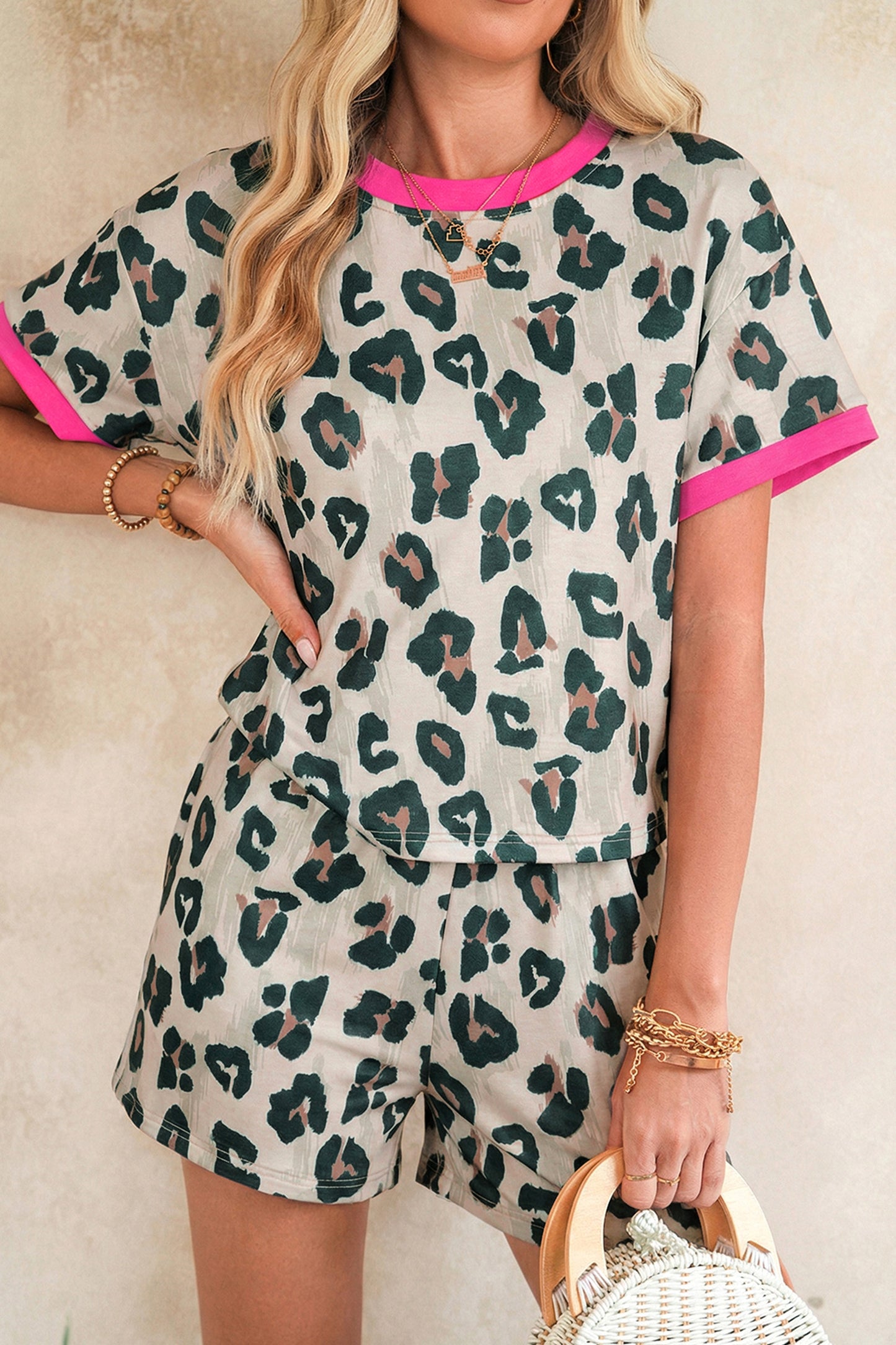 Leopard Print Contrast Trim Loose Tee Shorts Set