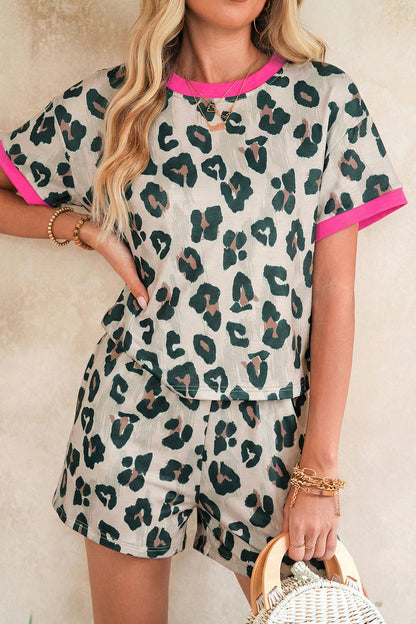 Leopard Print Contrast Trim Loose Tee Shorts Set