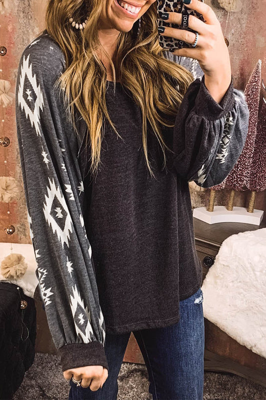 Black Western Print Patch Long Sleeve Top