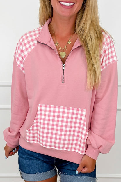 Racing Red Patchwork Plaid Pocket Quarter Zip Sweatshirt