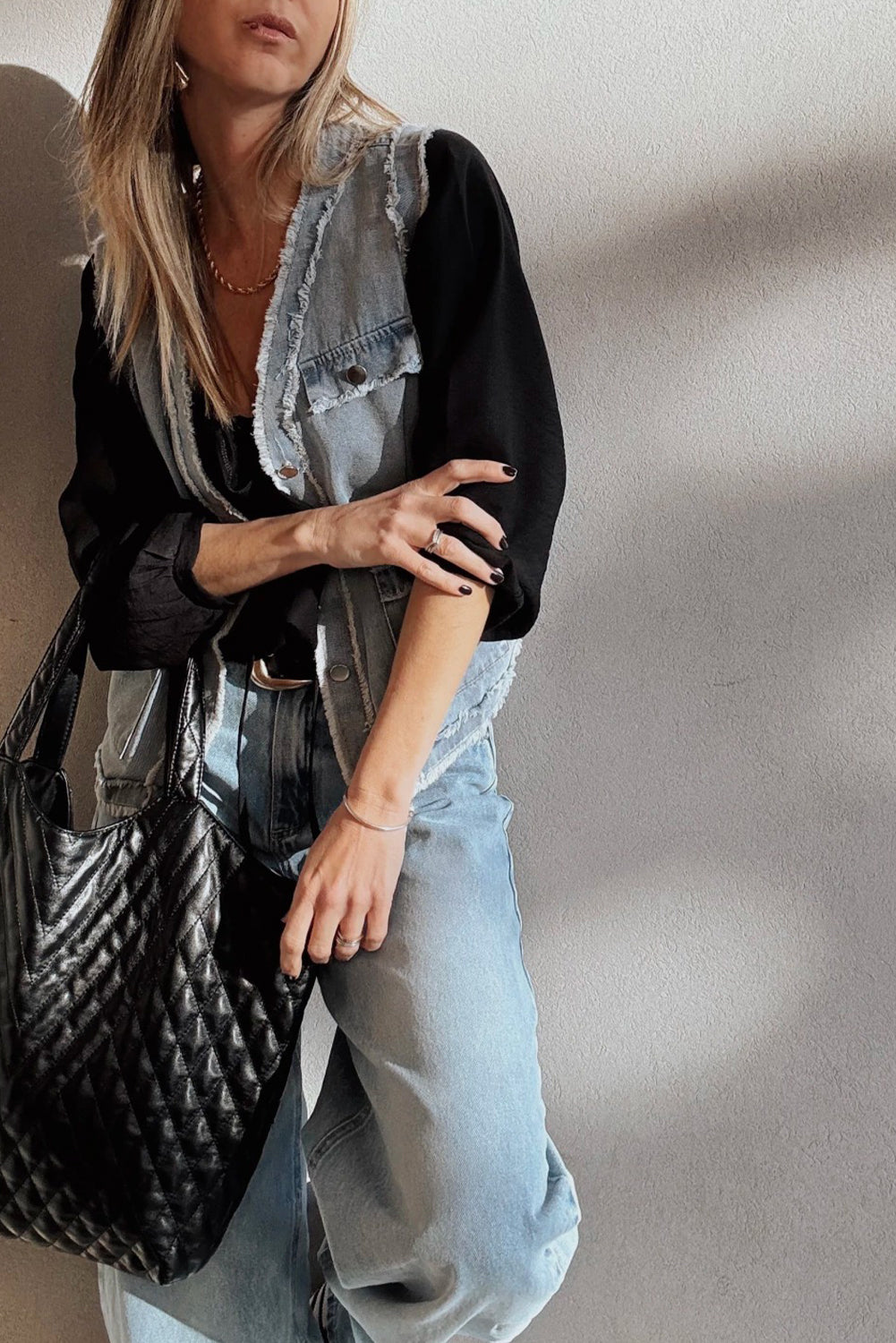 Light Wash Frayed Edge Flap Pocket Button Down Denim Vest