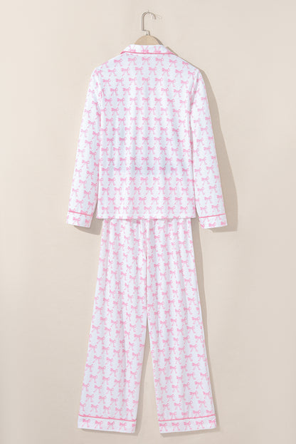 Soft Bow Print Long Sleeve Pajama Set with Pants