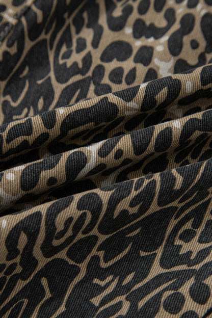 Khaki Contrast Scalloped Lace Trim Leopard Denim Shorts