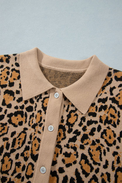 Leopard Print Button Up Knit Cardigan Top