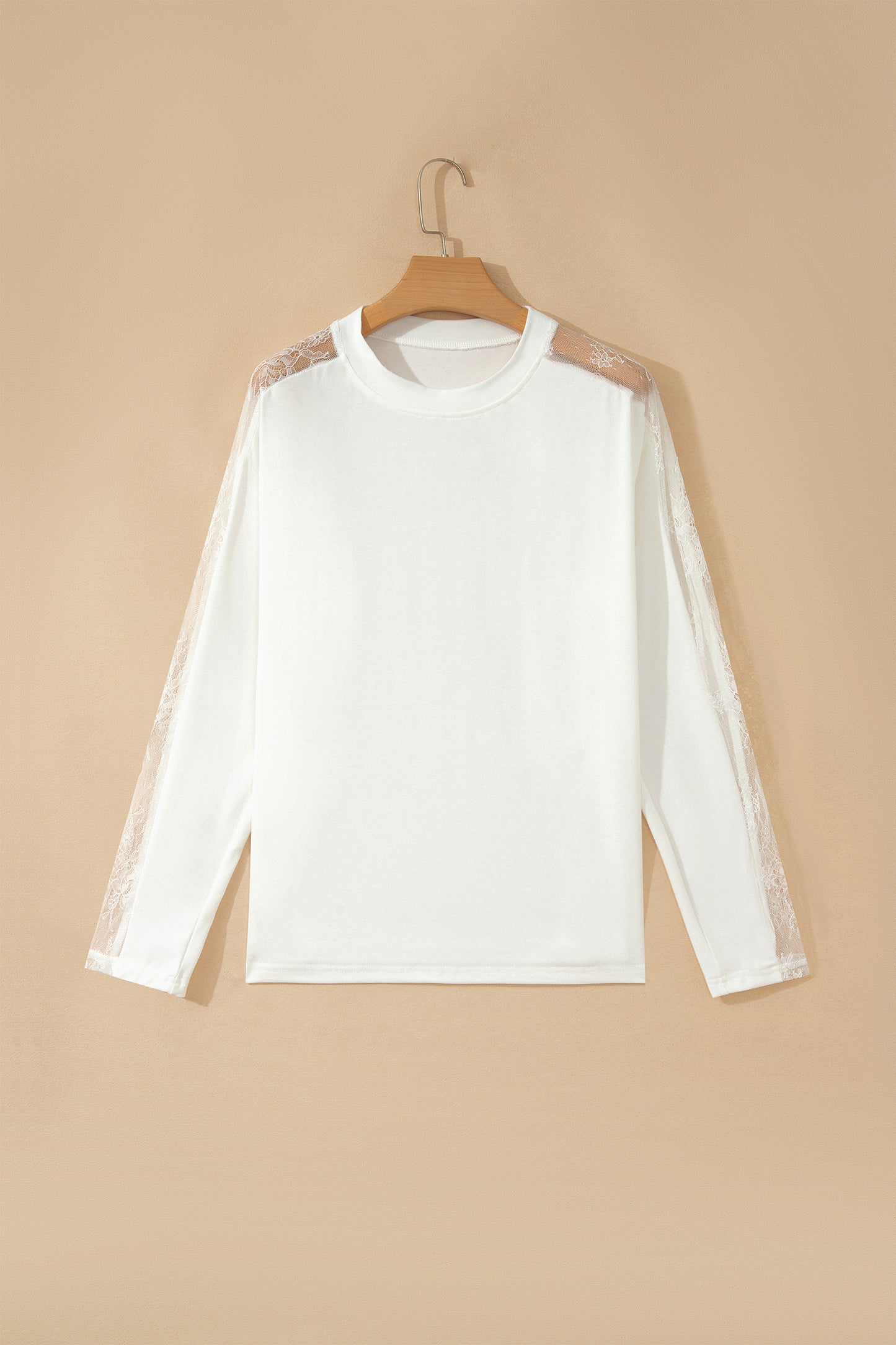 White Lace Sleeve Casual Round Neck Long Sleeve Top Women