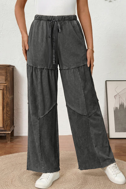 Women's Black Mineral Wash Wide Leg Patchwork Pants