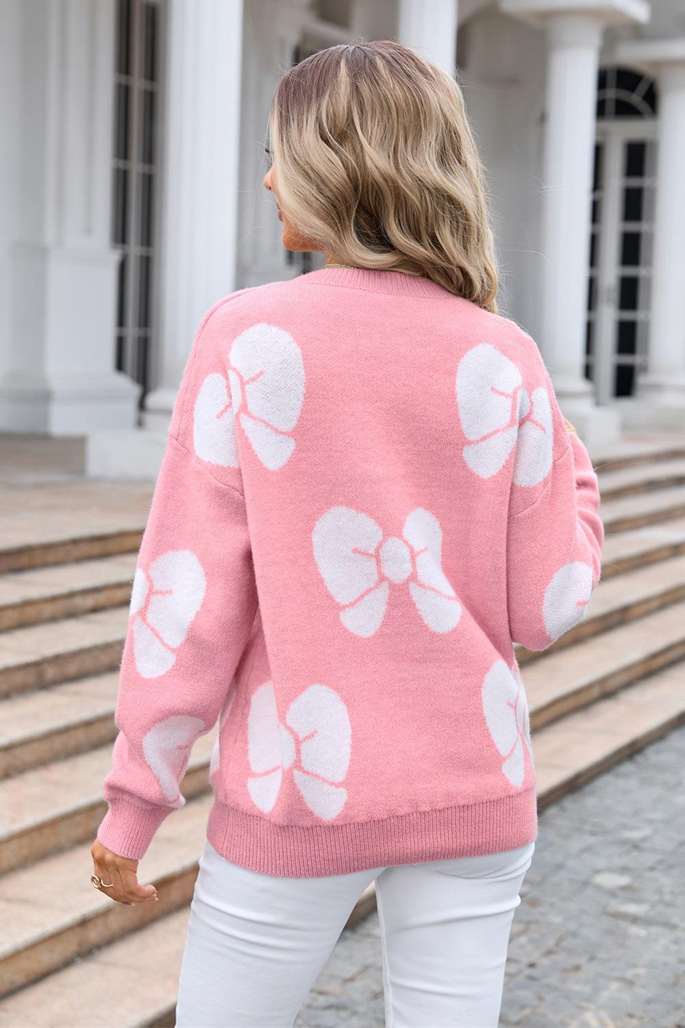 Oversized Bow Knit Sweater - Pink Pullover for Women