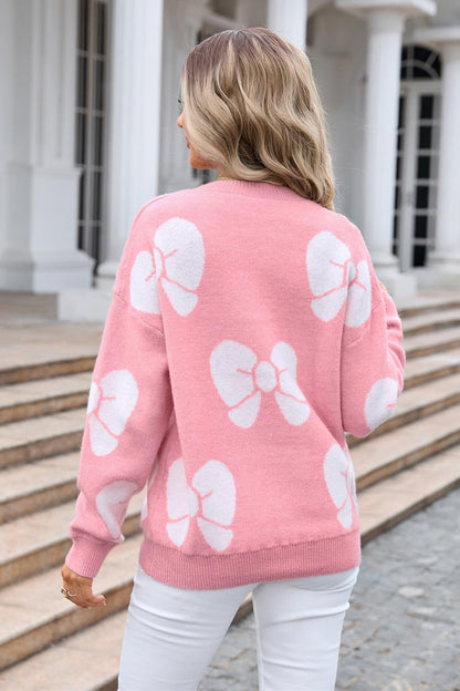 Oversized Bow Knit Sweater - Pink Pullover for Women