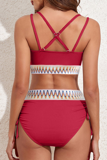 Bright Pink Ribbed Knit Tribal Contrast Detail 2pcs High Waist Swimsuit