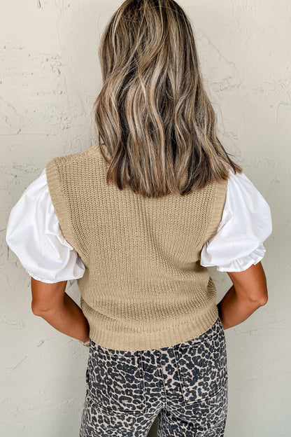 Light French Beige Contrast Short Sleeve Patchwork Sweater