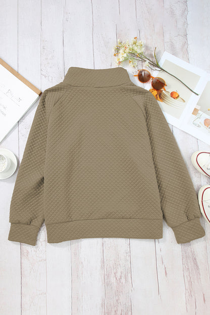 Quilted Buttoned Neckline Stand Neck Pullover Sweatshirt