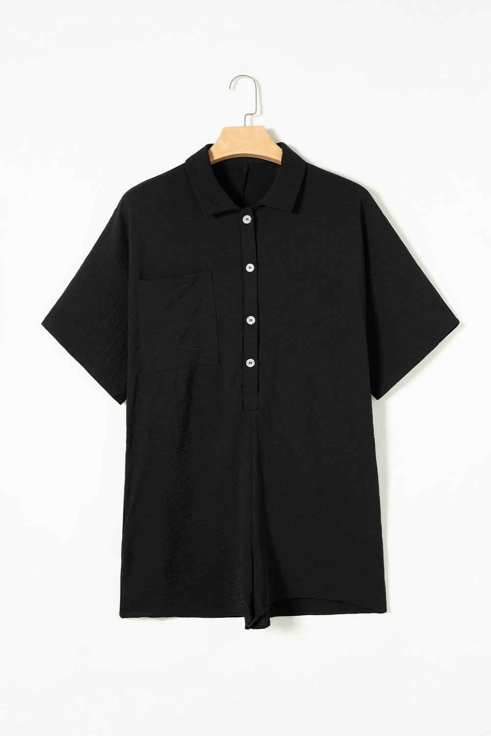 Black Collared Button Front Loose Fit Romper