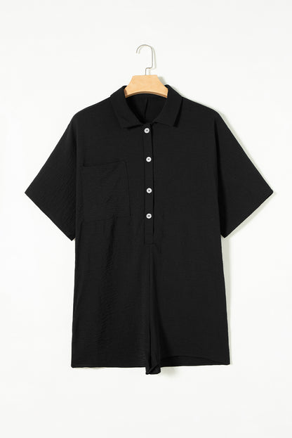 Black Collared Button Front Loose Fit Romper