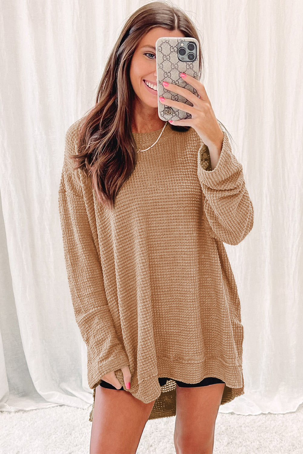 Black Waffle Knit Oversized Top with Side Slits