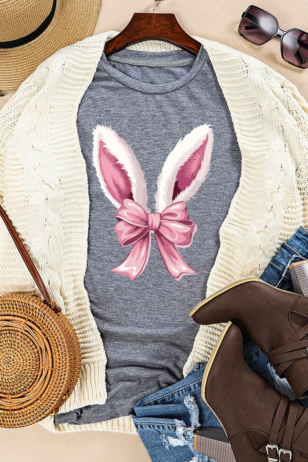 Easter Bunny Ear Bow Graphic Casual Spring T Shirt