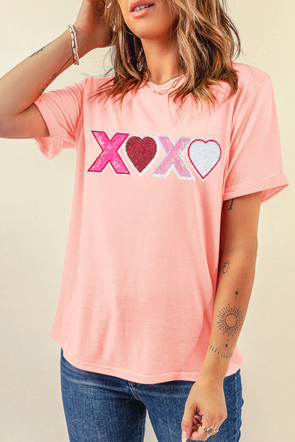 Pink XOXO Sequin Heart Graphic Valentines Day T Shirt