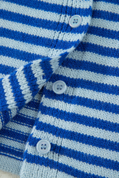 Blue Stripe Knit Cardigan Half Sleeve Button Front Sweater