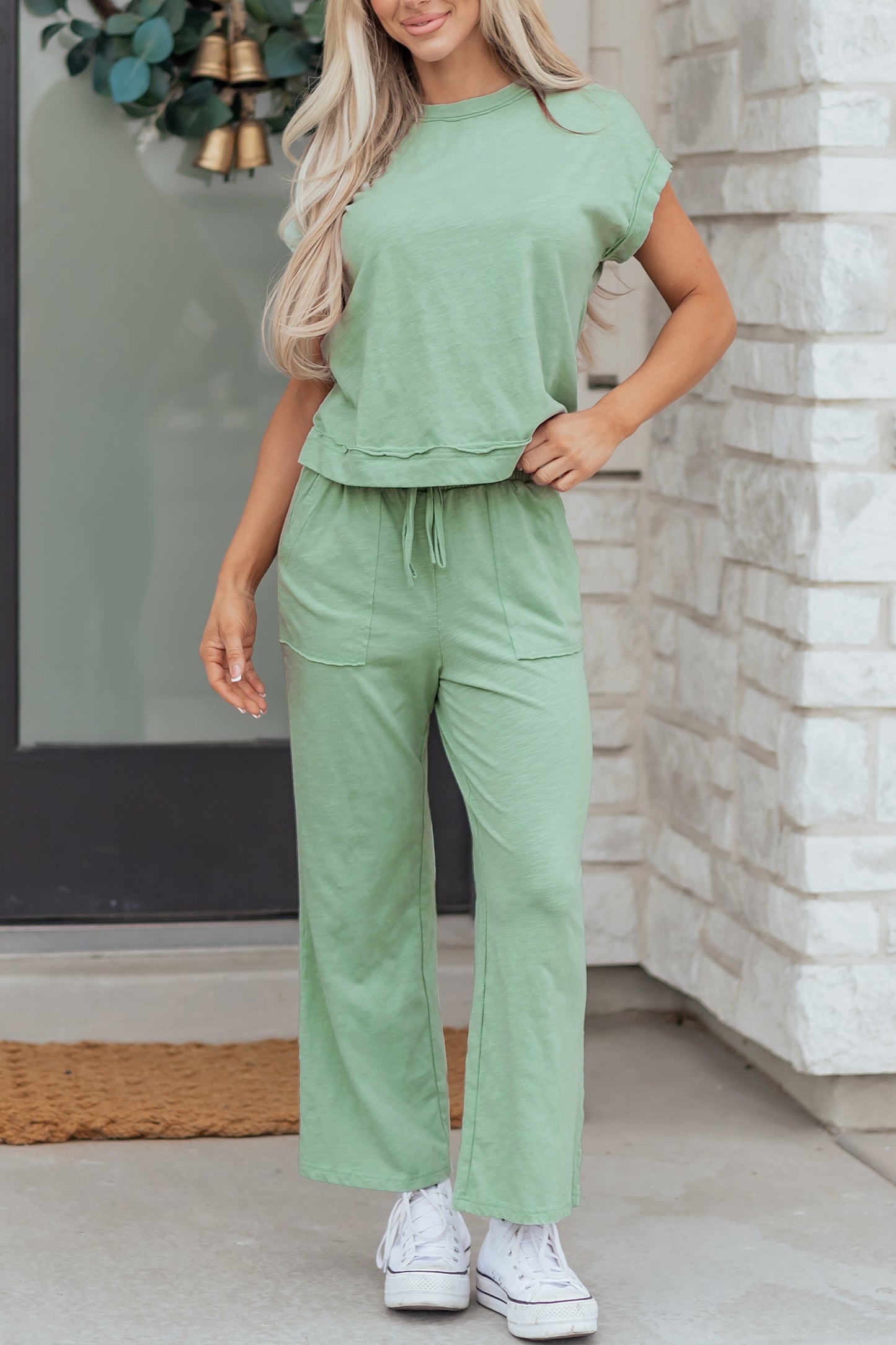 Cuffed Short Sleeve Tee Raw Seam Pocket Drawstring Pants Set