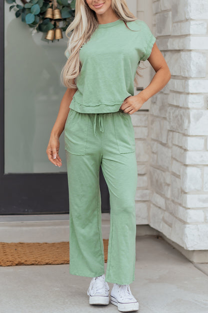 Cuffed Short Sleeve Tee Raw Seam Pocket Drawstring Pants Set