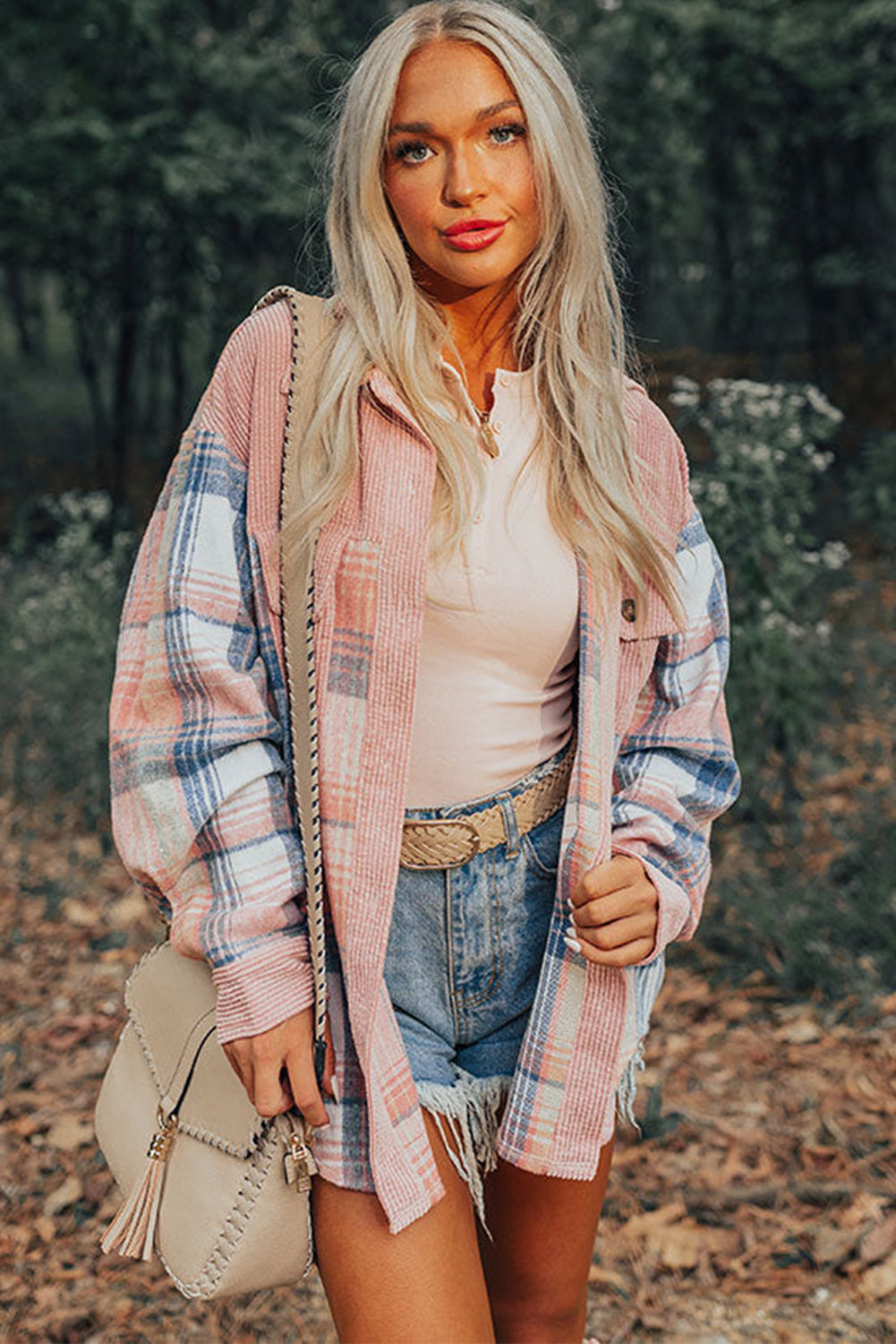 Light Pink Plaid Corduroy Patchwork Pocket Shacket