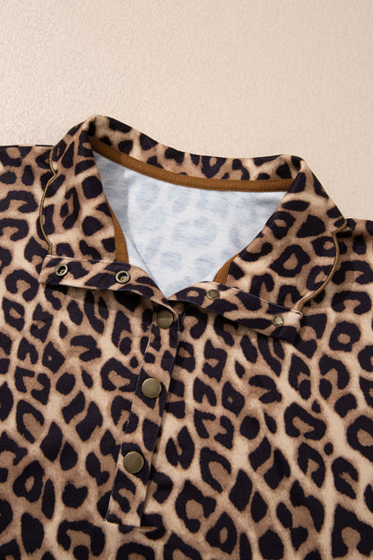 Leopard Print V Neck Mini Dress Loose Short Sleeve