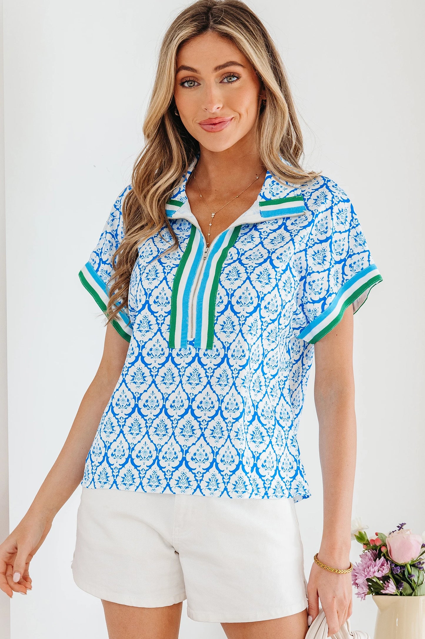 Boho Print Blouse Women Zip Neck Short Sleeve Top