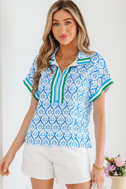 Boho Print Blouse Women Zip Neck Short Sleeve Top