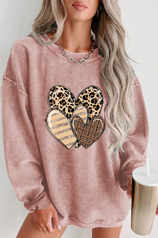 Pink Leopard Heart Shape Corded Loose Fit Sweatshirt