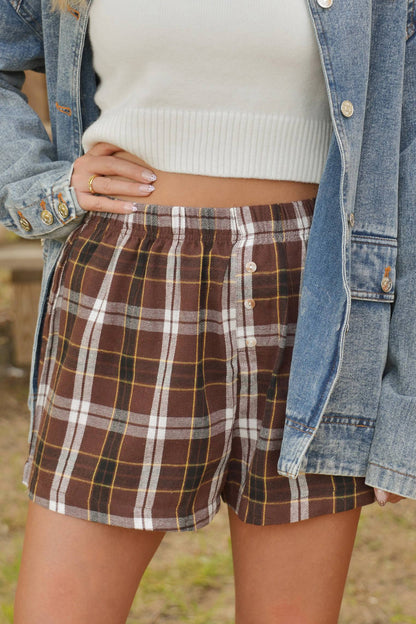 Brown Plaid High Waist Pull On Shorts