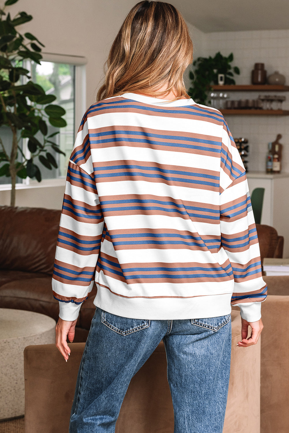 Striped Crew Neck Drop Shoulder Casual Pullover Sweatshirt