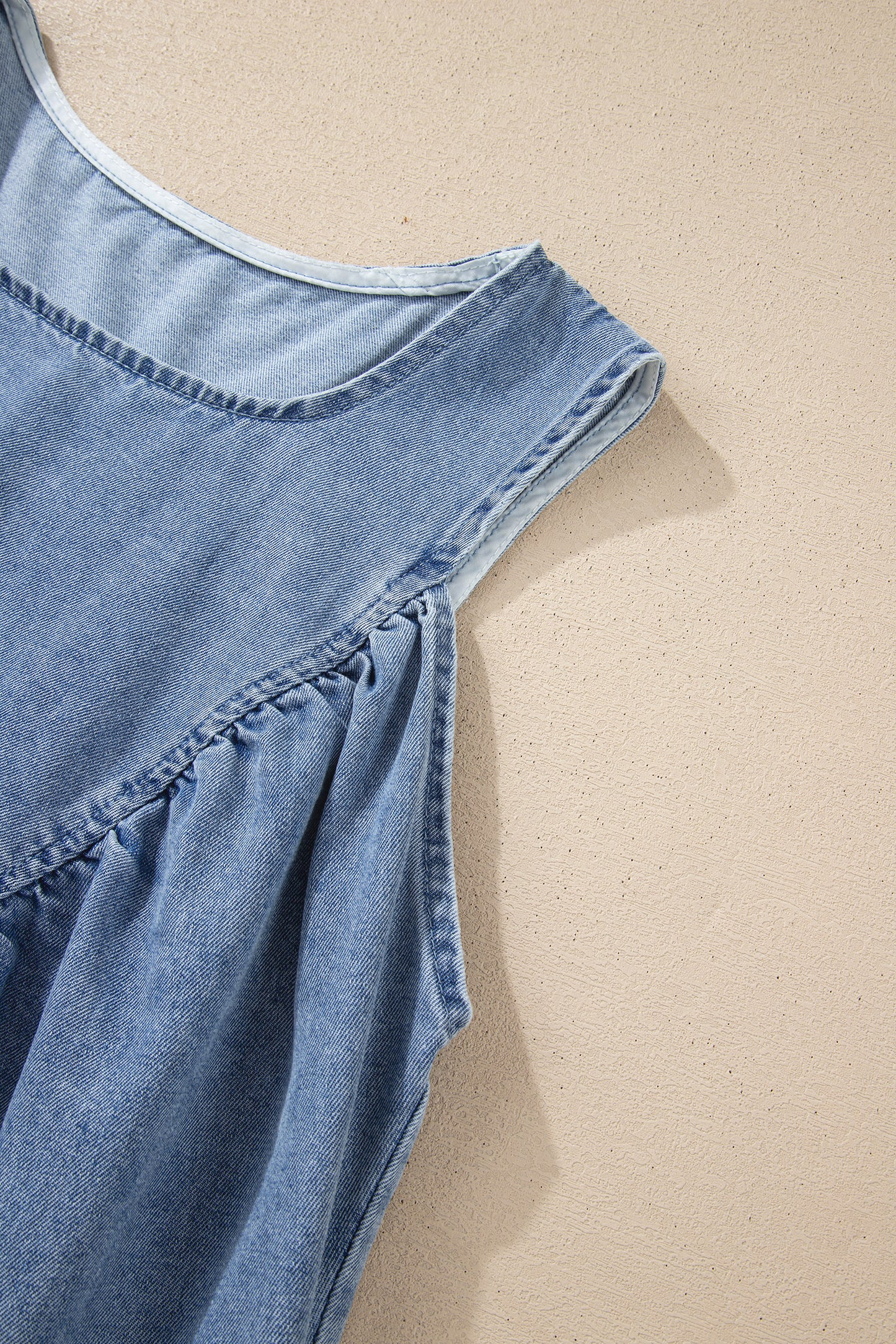 Washed Denim Ruffle Panel Babydoll Sleeveless Top