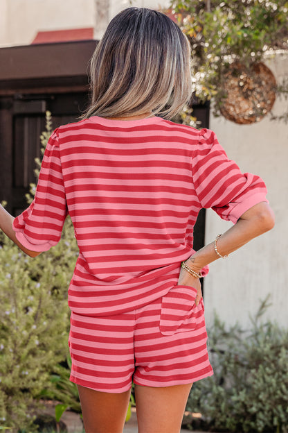 Green Stripe Puff Sleeve Lounge Set Drawstring Shorts