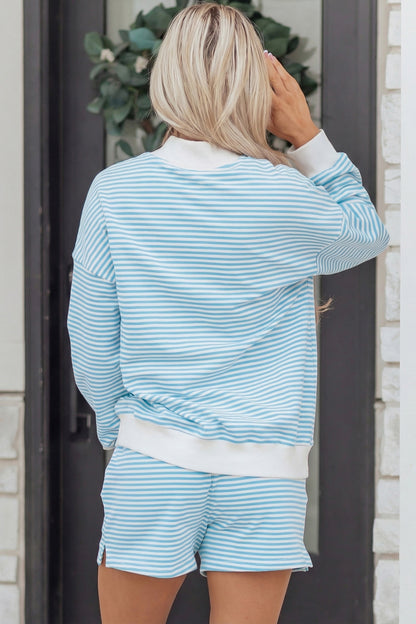 Pink Stripe Oversized Mock Neck Sweatshirt Shorts Set
