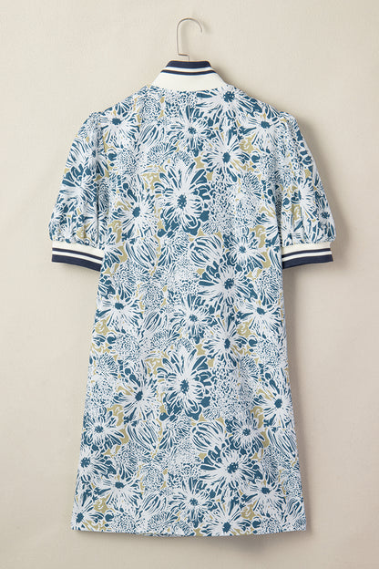 Blue Floral Zip Up Collared Mini Dress