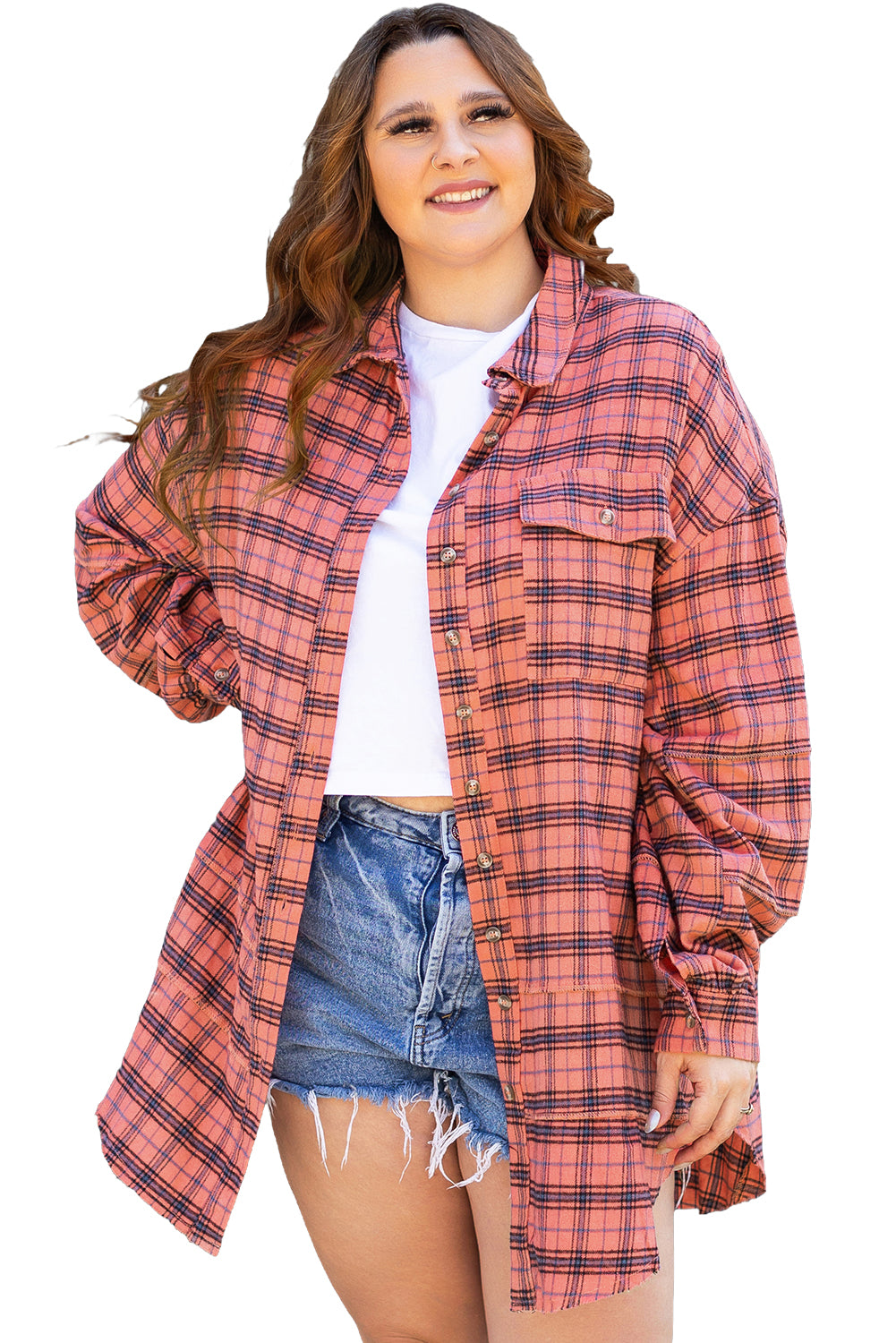 Plaid Long Sleeeve Side Split Distressed Hem Shirt