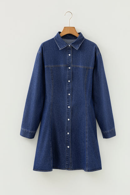 Ashleigh Blue Denim Shirt Collar Long Sleeve Flared Dress