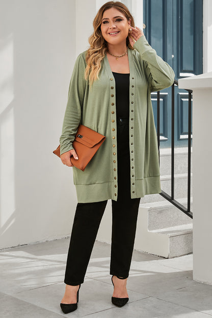 Green Plus Size Snap Buttons Front Knit Cardigan