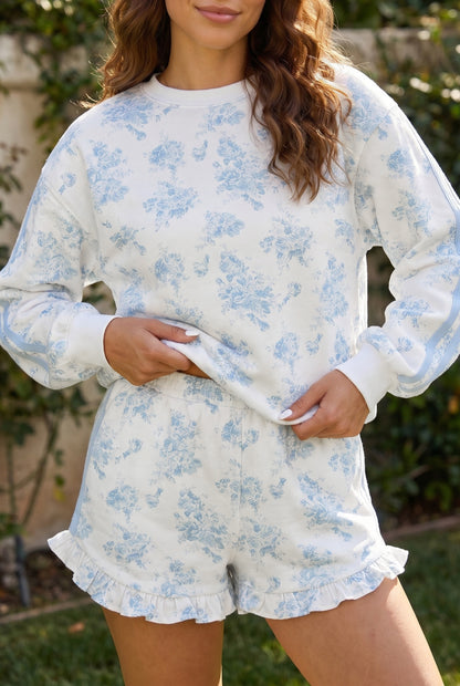 Blue Floral Lounge Set Long Sleeve Top Ruffle Shorts