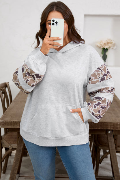 Light Gray Camo Patchwork Hoodie with Asymmetric Sleeves