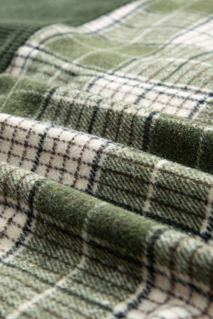 Blackish Green Snap Button Plaid Shacket with Corduroy Patchwork