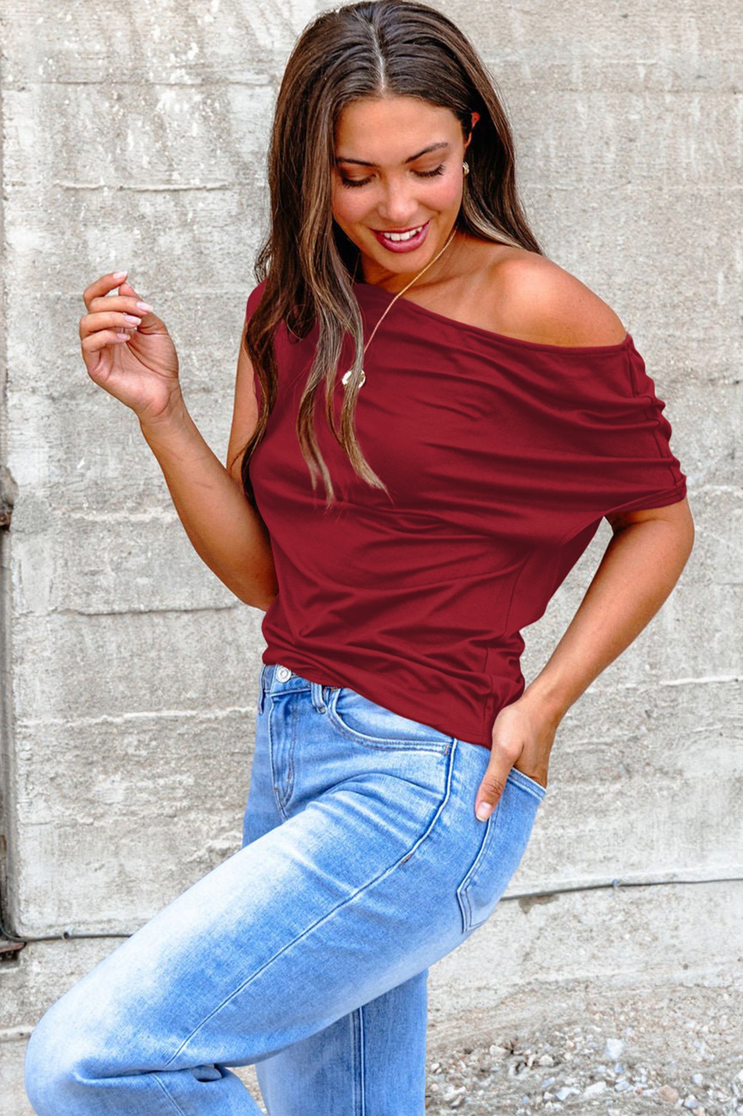 Pink Plus Size Asymmetric Neck Short Sleeve Blouse