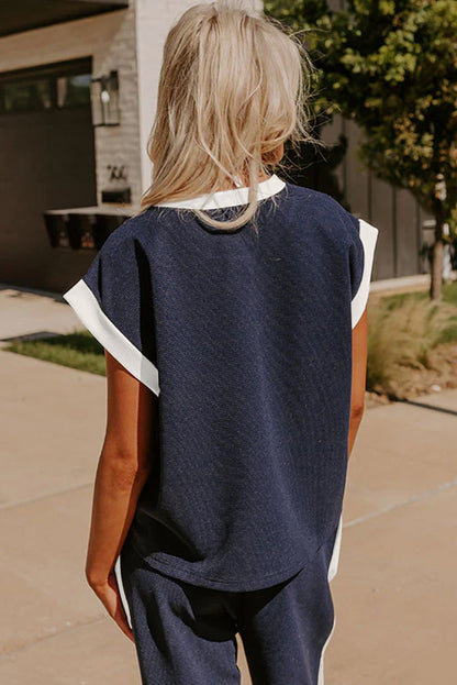 Navy Colorblock Pocket Tee Wide Leg Pants Two Piece Set
