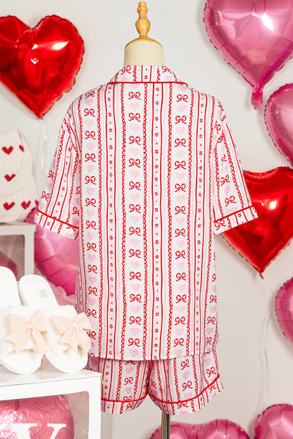 Valentines Heart Bow Print Ribbon Trim 2 Piece Pajama Set