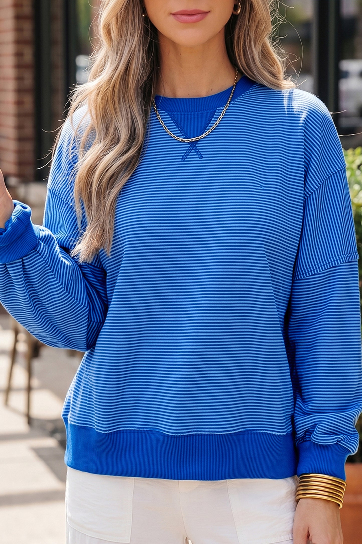Women's Blue Striped Oversized Crewneck Sweatshirt