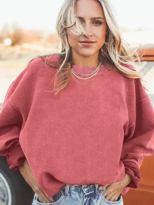 Customizable Vintage Corduroy Textured Oversized Rib Knit Sweatshirt