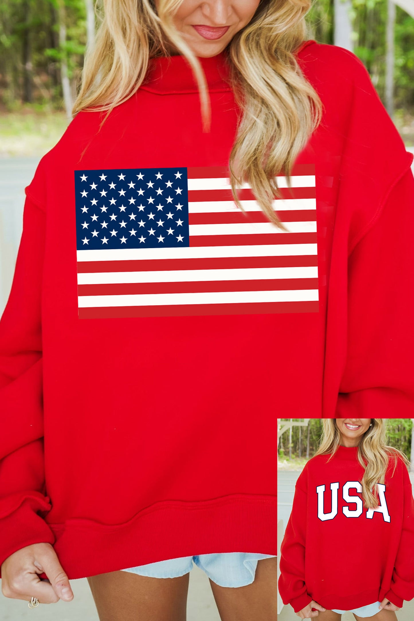 4th of July American Flag Oversized Mock Neck Sweatshirt