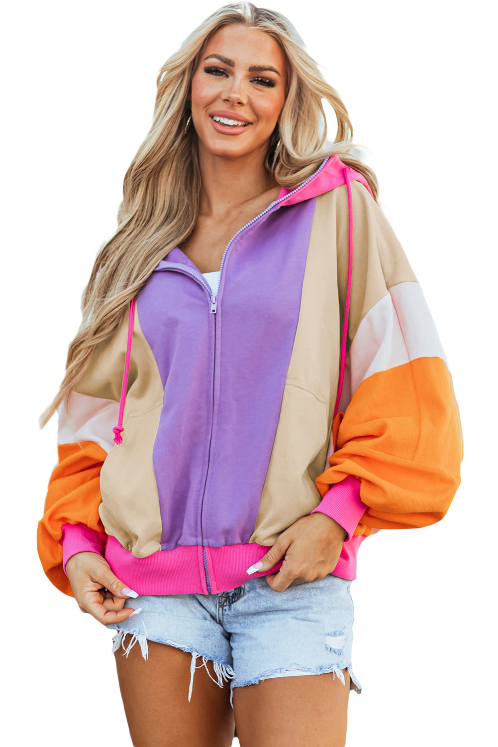 Oversized Colorblock Zip Up Hoodie – Retro Streetwear
