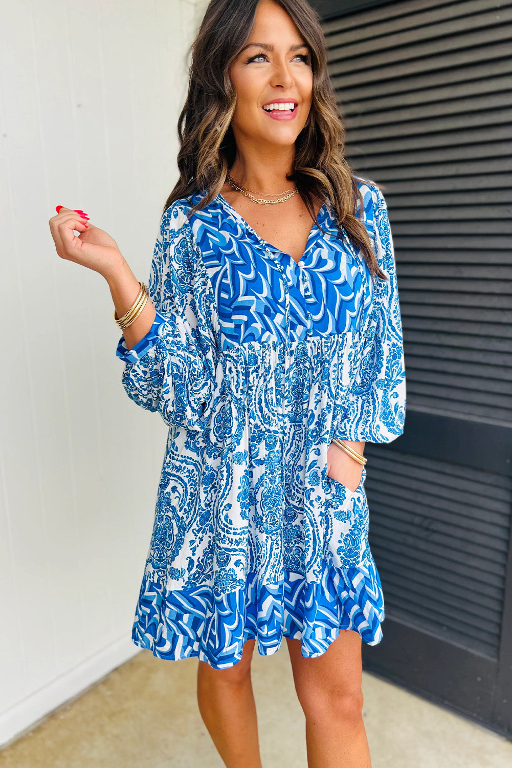 Green Bohemian Print Puff Sleeve Tied V Neck Flared Mini Dress