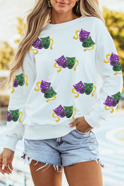 White Sequined Mardi Gras Mask Drop Shoulder Sweatshirt
