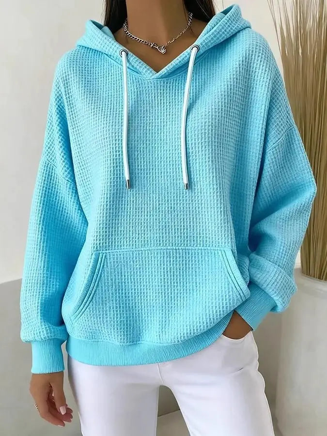 Waffle Knit Oversized Hoodie Kangaroo Pocket Top